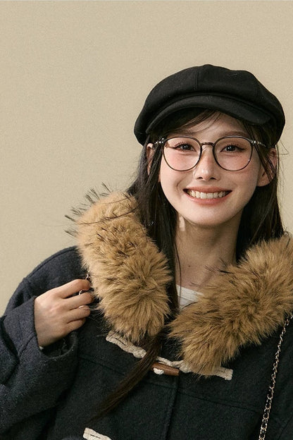 Wool Toggle Detachable Fur Collar Coat