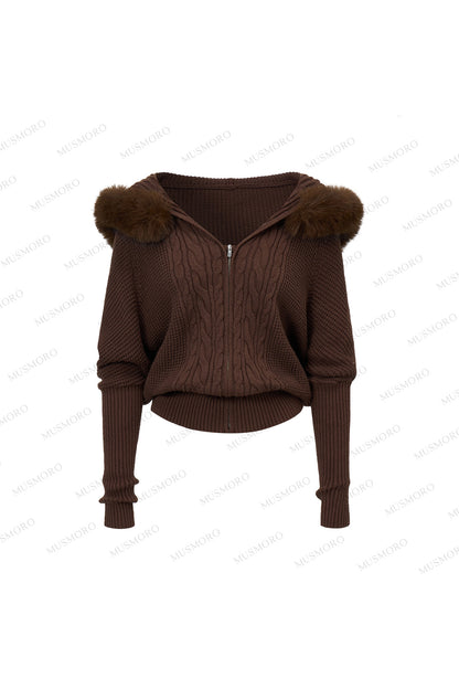 3D Twist Knit Hooded Cardigan