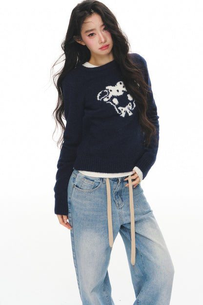 Navy Wool Jacquard Top and Pants Set-Up