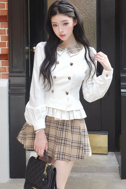 Lapel Knit Cardigan & Pleated Skirt Set-Up