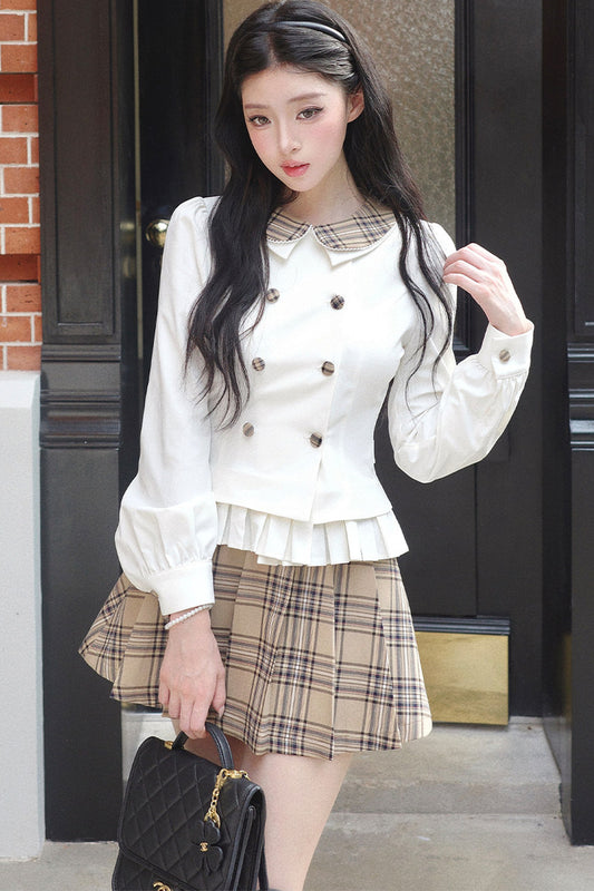 Lapel Knit Cardigan & Pleated Skirt Set-Up