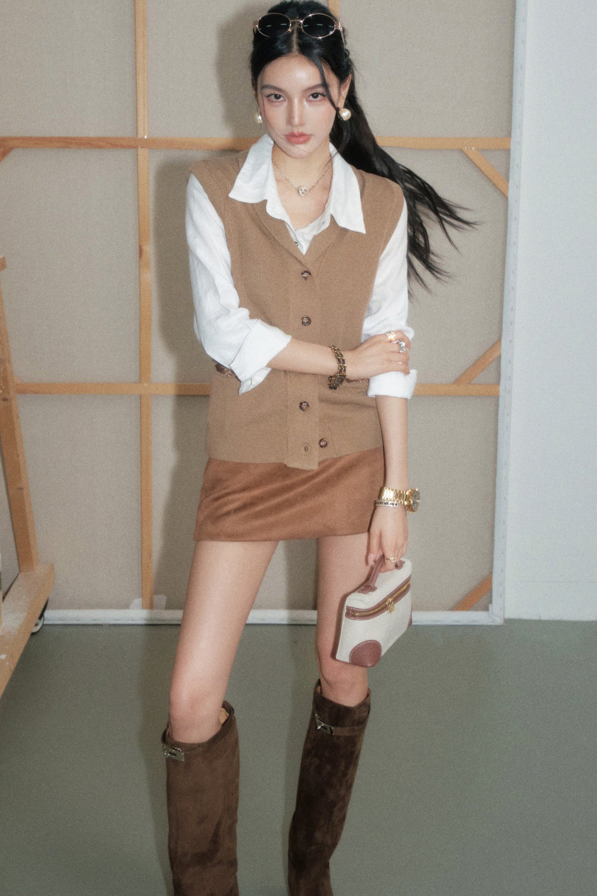 Camel Knitted Vest With Shirt Set-Up
