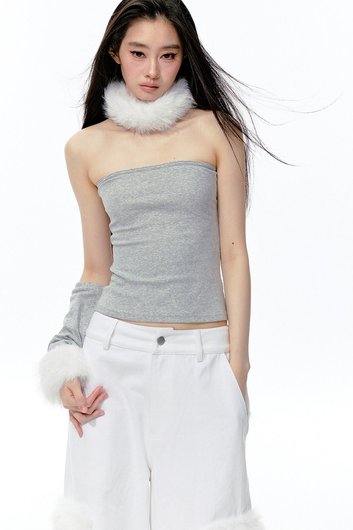 Top a fascia in maglia con collo in pelliccia staccabile