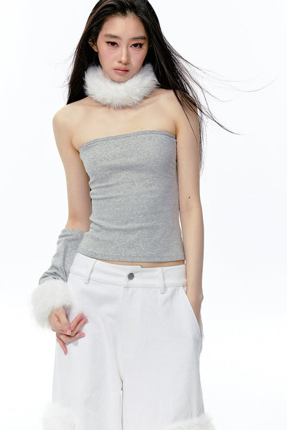 Top a fascia in maglia con collo in pelliccia staccabile