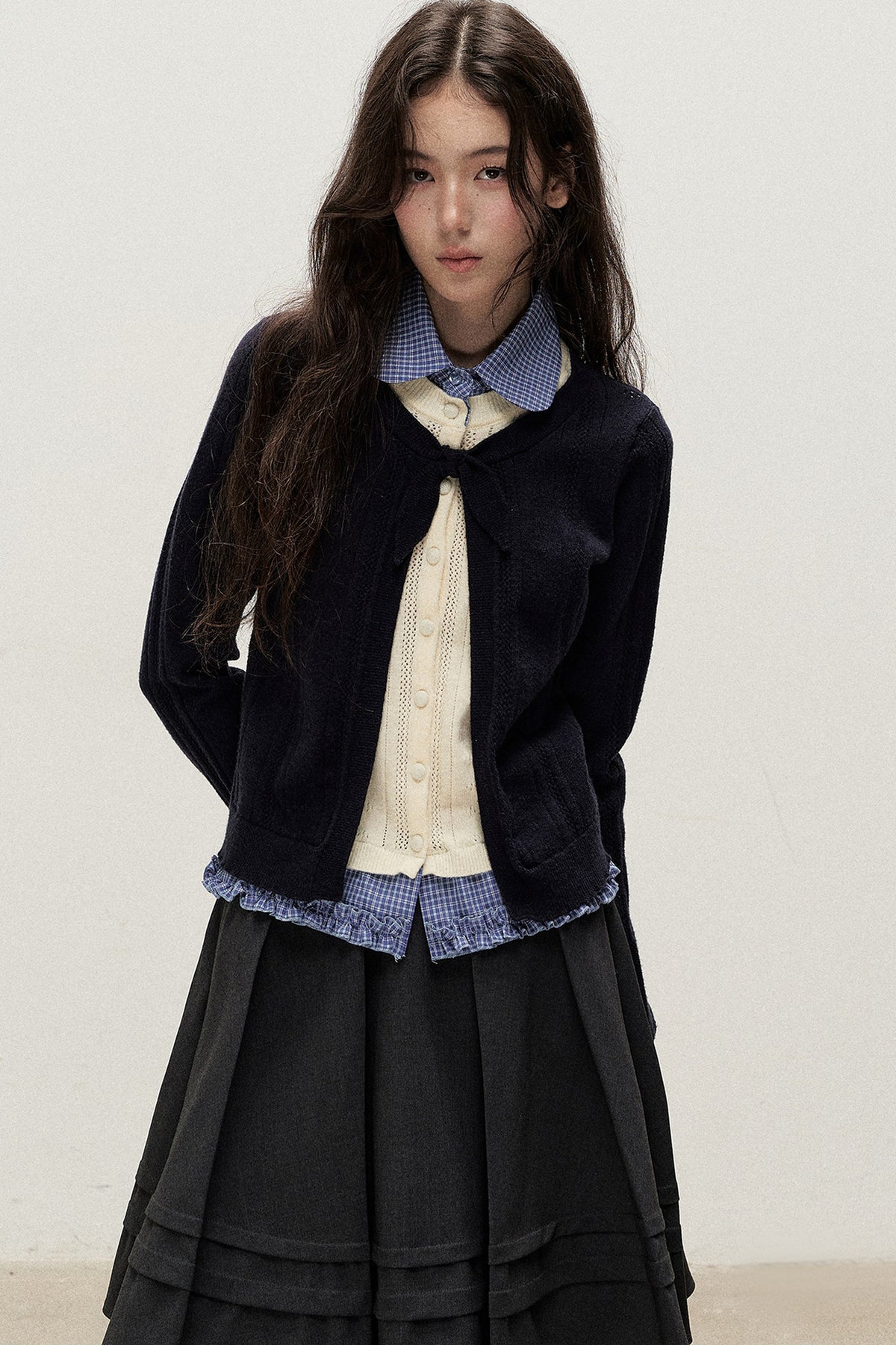 Plaid Collar Layered-Look Knit Top