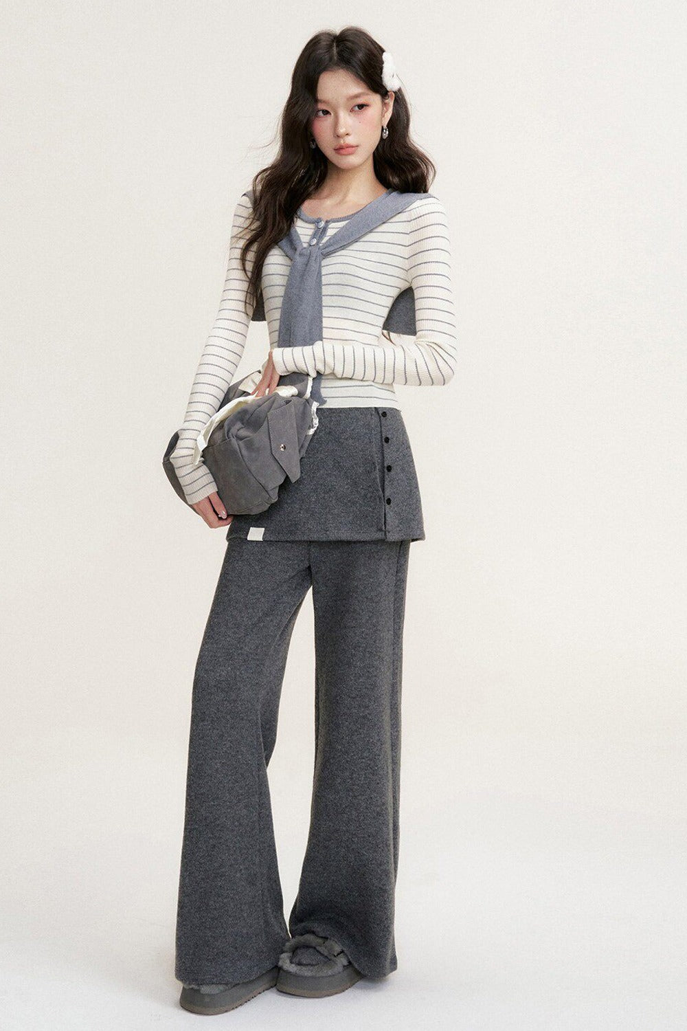 Striped Shawl Collar Long Sleeve Knit Sweater