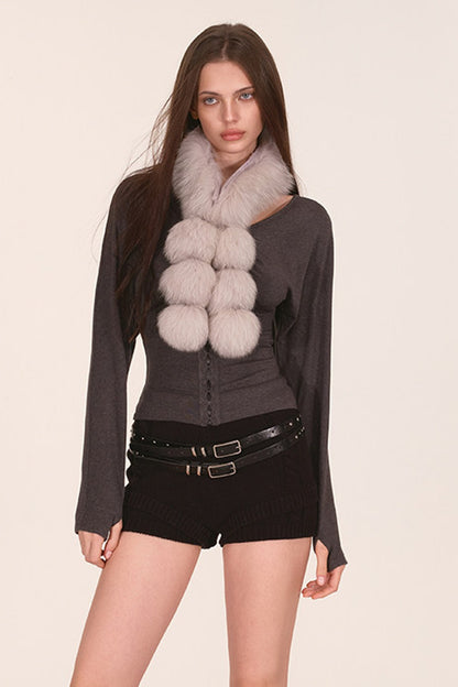 Fox Fur Tassel Pom Pom Scarf