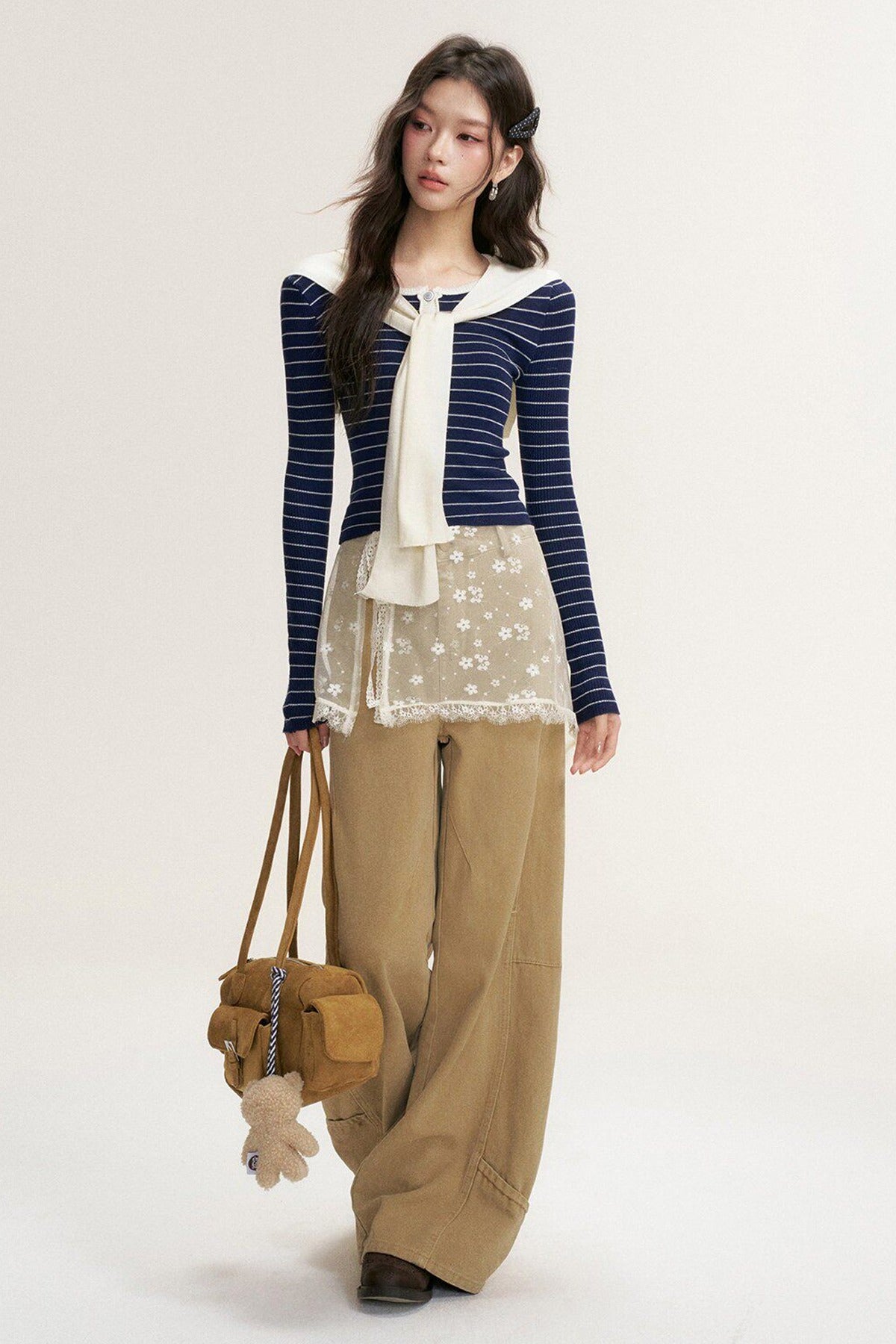 Striped Shawl Collar Long Sleeve Knit Sweater