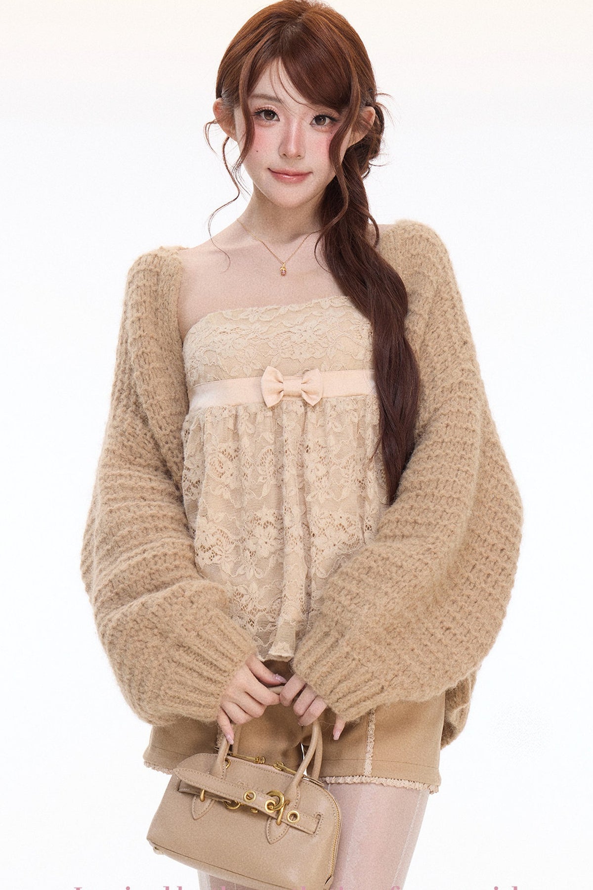 Chunky Knit Cardigan With Lace Top and Pants Set-Up