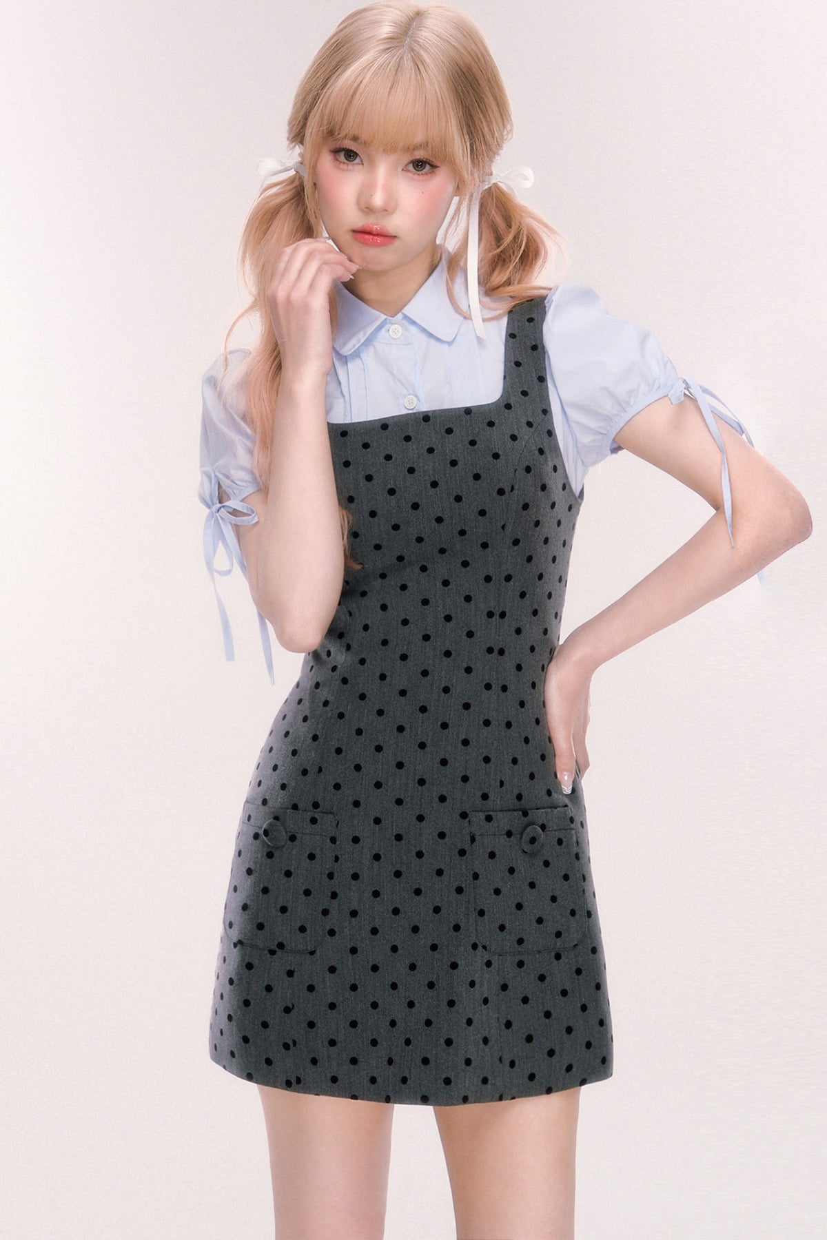 Blue Short-Sleeved Bow Puff Sleeve Shirt