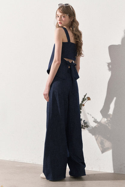 Layered-Look Faux Denim Vest and Wide Leg Pants Set-Up