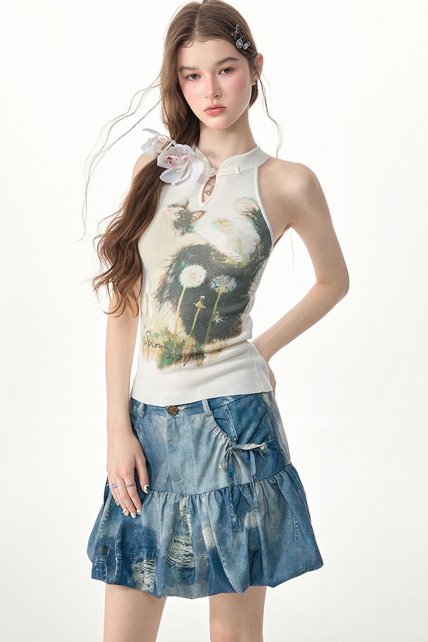 White Knit Cat Print Halter Top