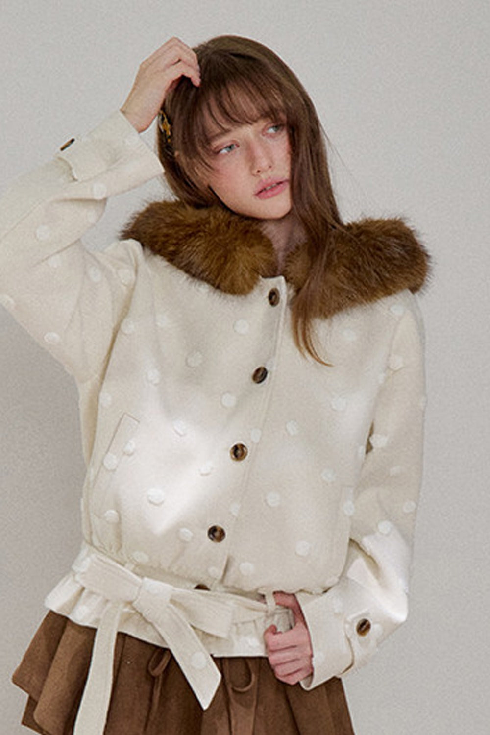 Petite Polka Dot Hooded Fur Coat