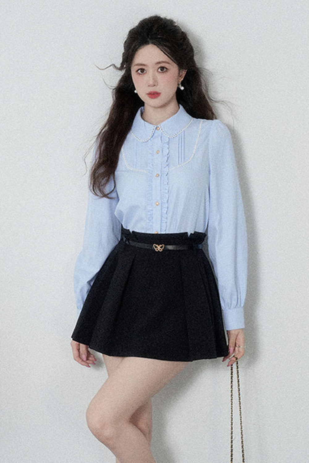 Blue Plaid Long-Sleeved Blouse and Skirt Set-Up