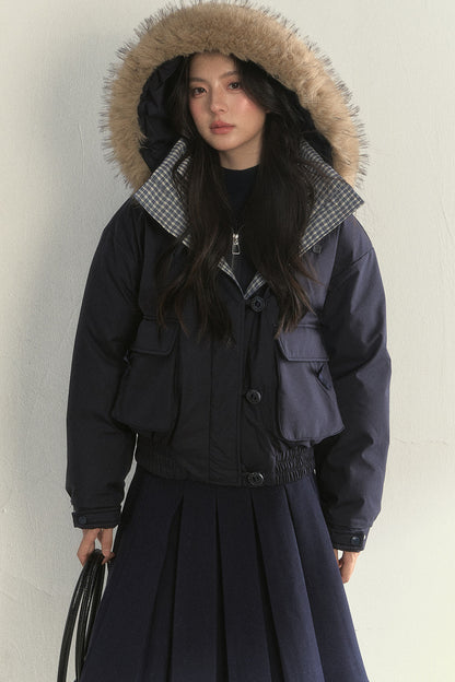 Patchwork Plaid Fur Collar Down Jacket