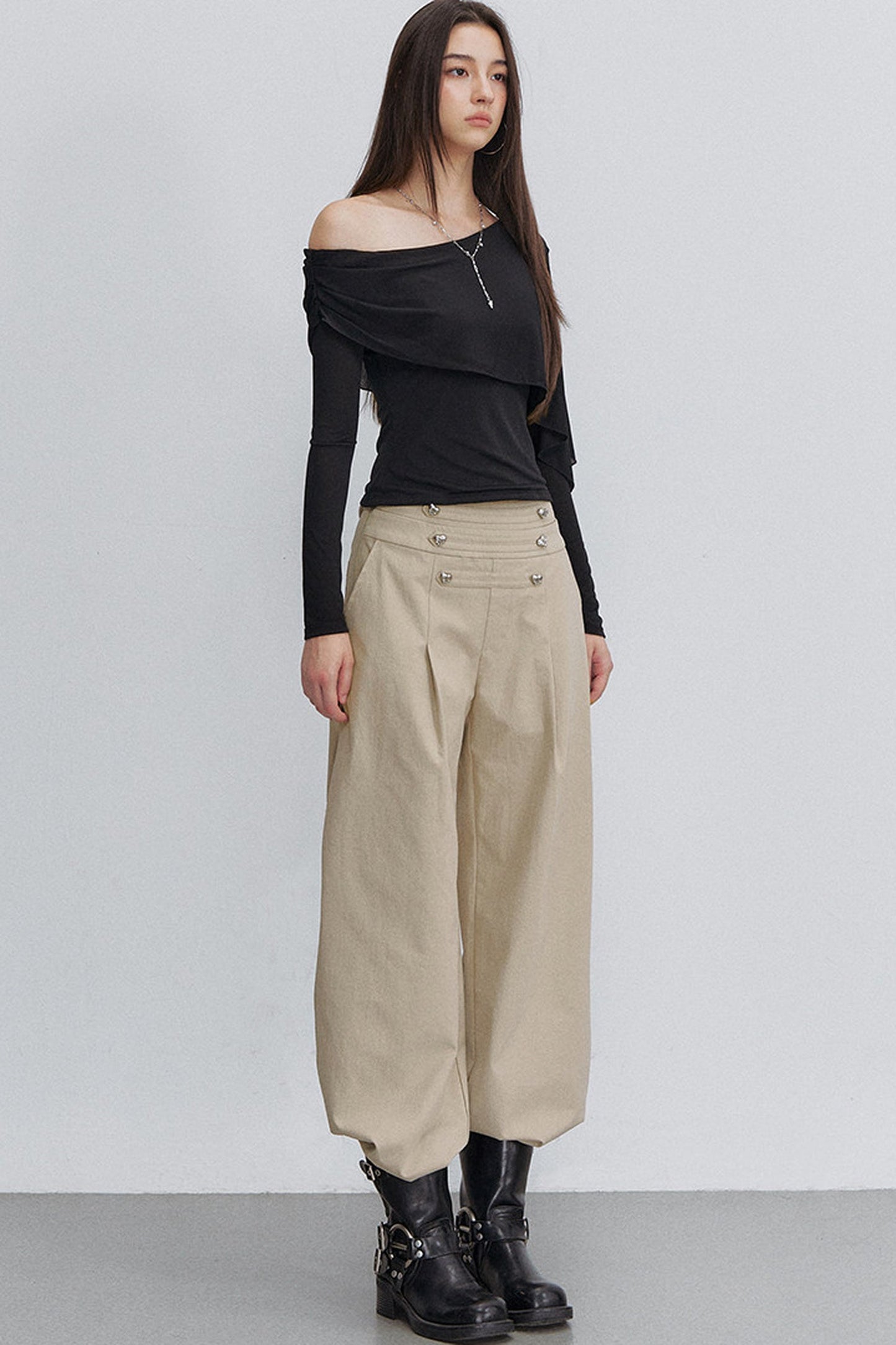 Pleated Heart Button Pants