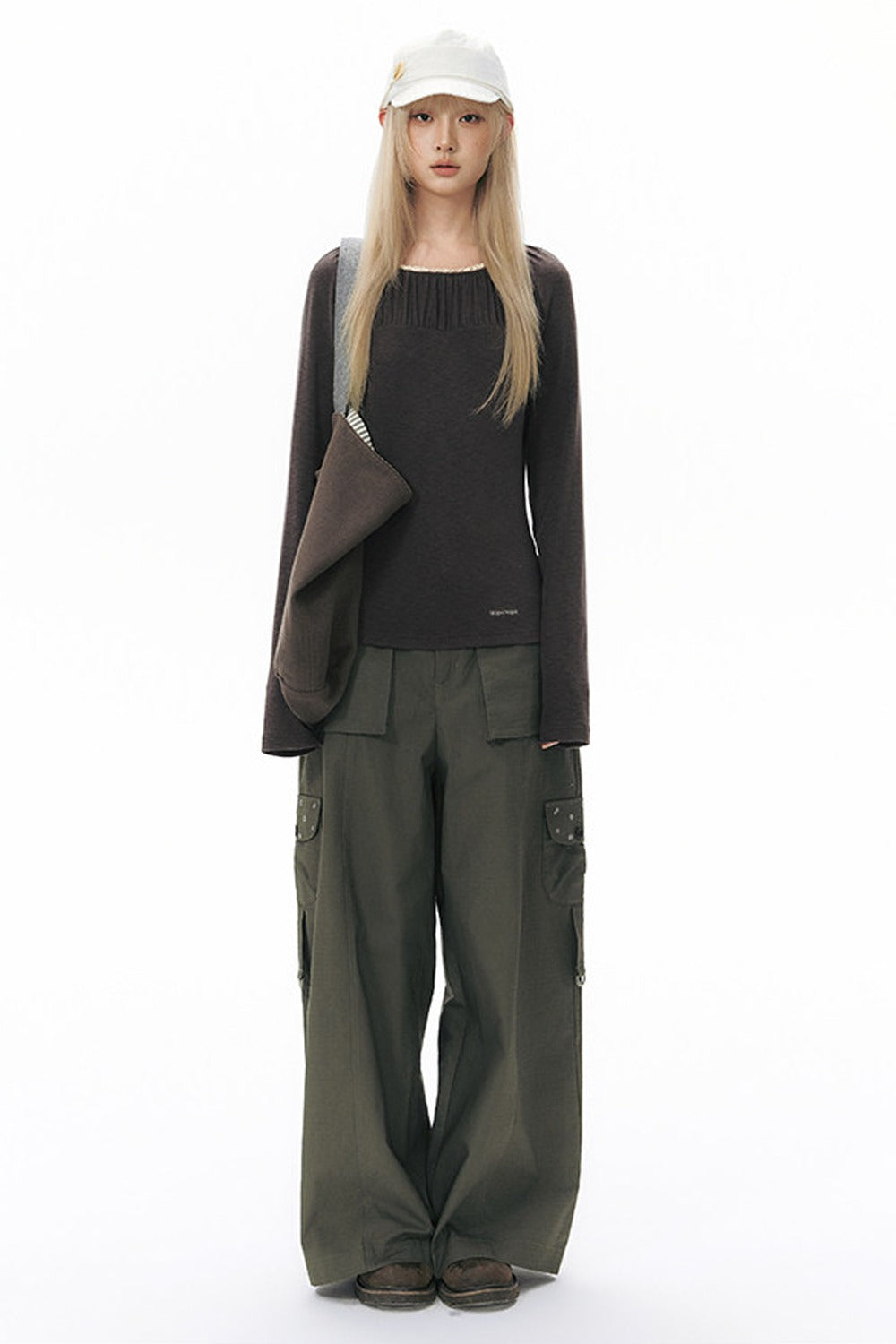 Pleated Striped Knit Base Layer Top