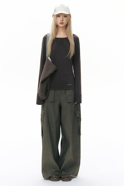 Pleated Striped Knit Base Layer Top