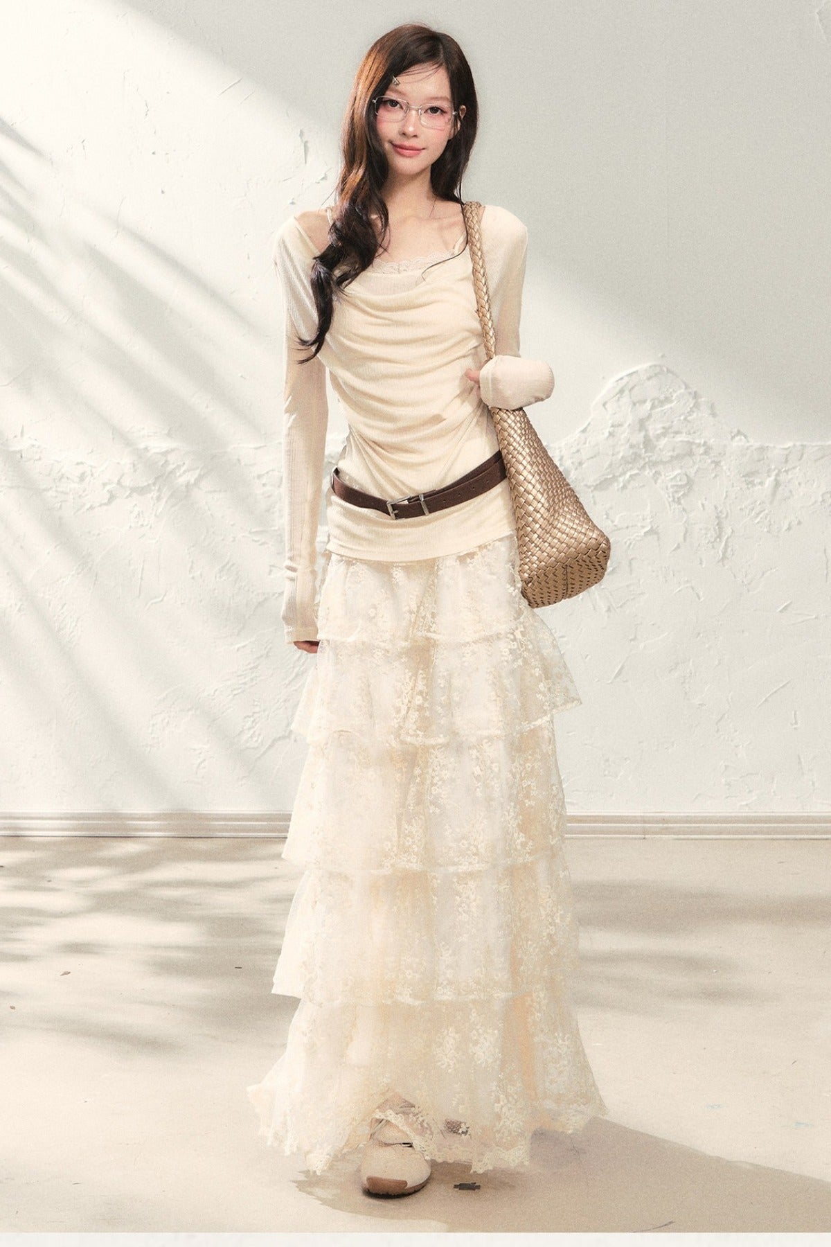 Swing Collar Long Sleeve Top and Skirt Set-Up