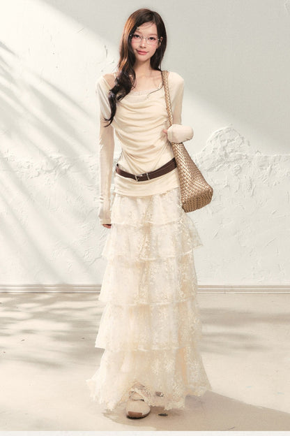 Swing Collar Long Sleeve Top and Skirt Set-Up