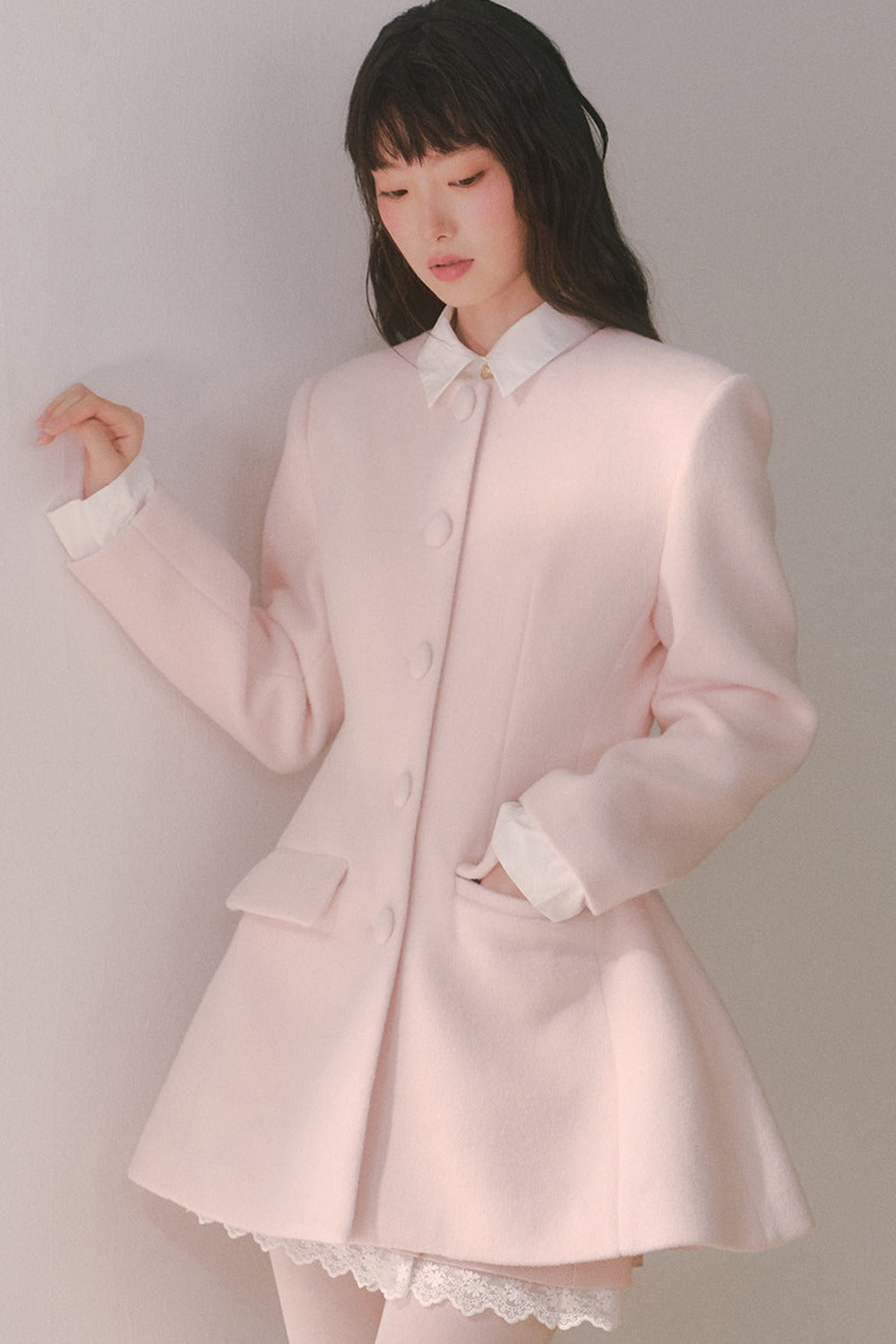 Pink Wool Shirt Collar Mid-Length Coat