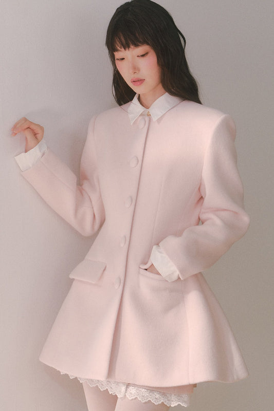 Pink Wool Shirt Collar Mid-Length Coat