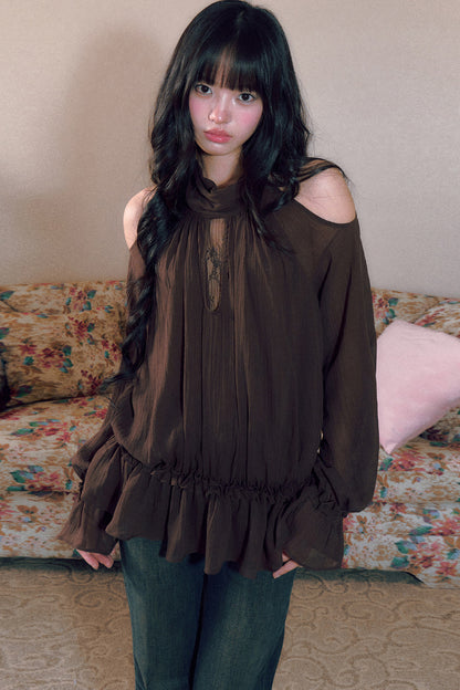 Retro Halterneck Off-Shoulder Ruffle Blouse