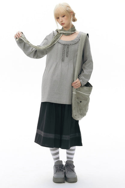 Front Chest Tuck Webbing Raglan Knit T-Shirt