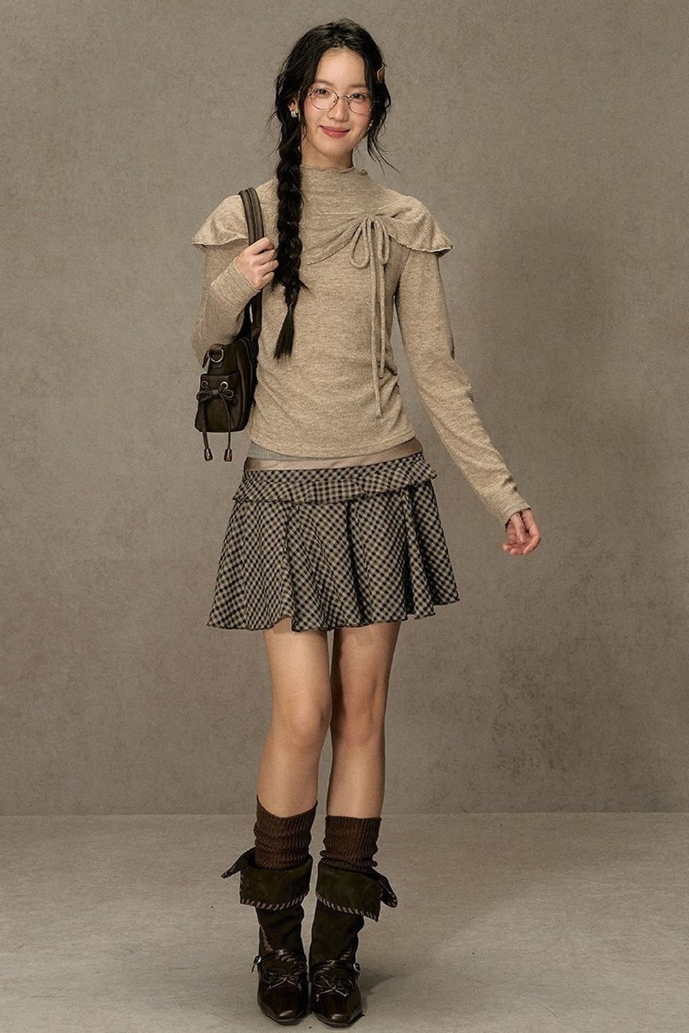 Bowknot Cape Collar Long Sleeve Top