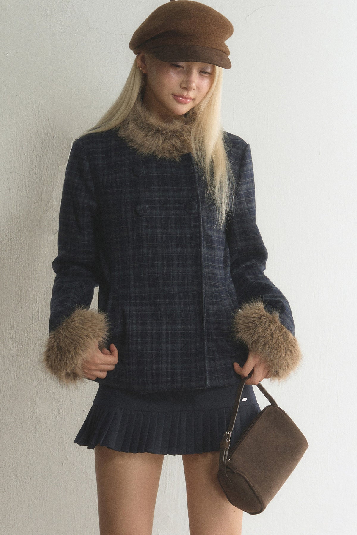 Plaid Woolen Jacket and Skirt Set-Up