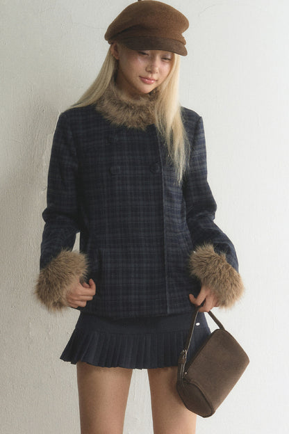 Plaid Woolen Jacket and Skirt Set-Up