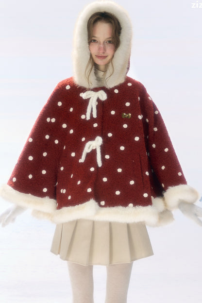 Red Polka Dot Plush Hooded Cloak