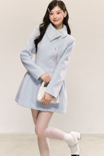 Blue Pleated Woolen Coat Dress