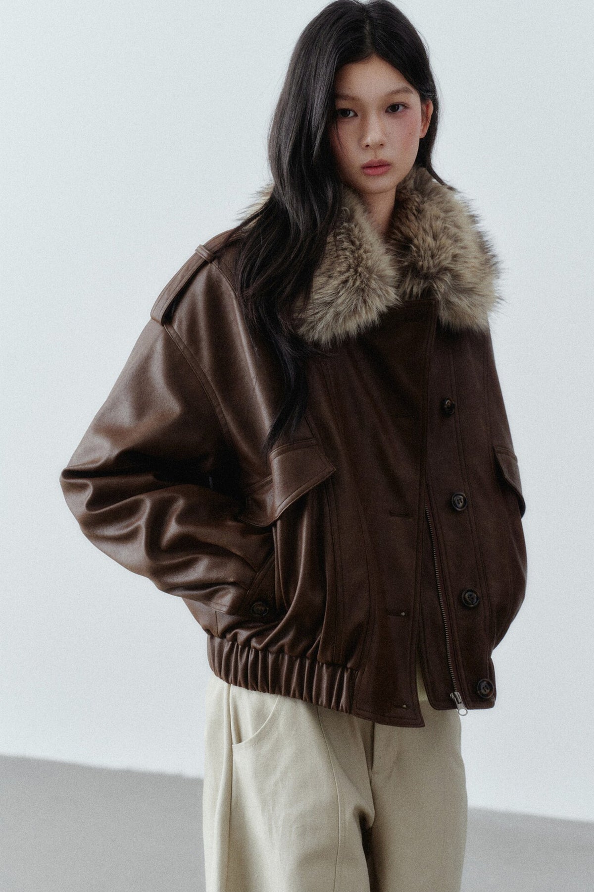 Fur Collar Button-Up Short Jacket