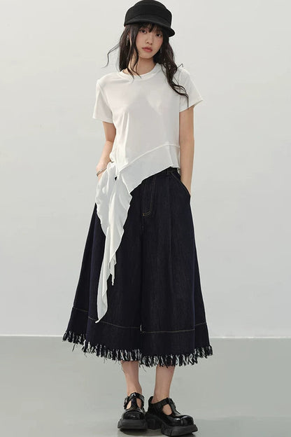 Black Fringe Wide-Leg Denim Culottes
