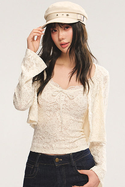 Knit Cardigan With Lace Camisole