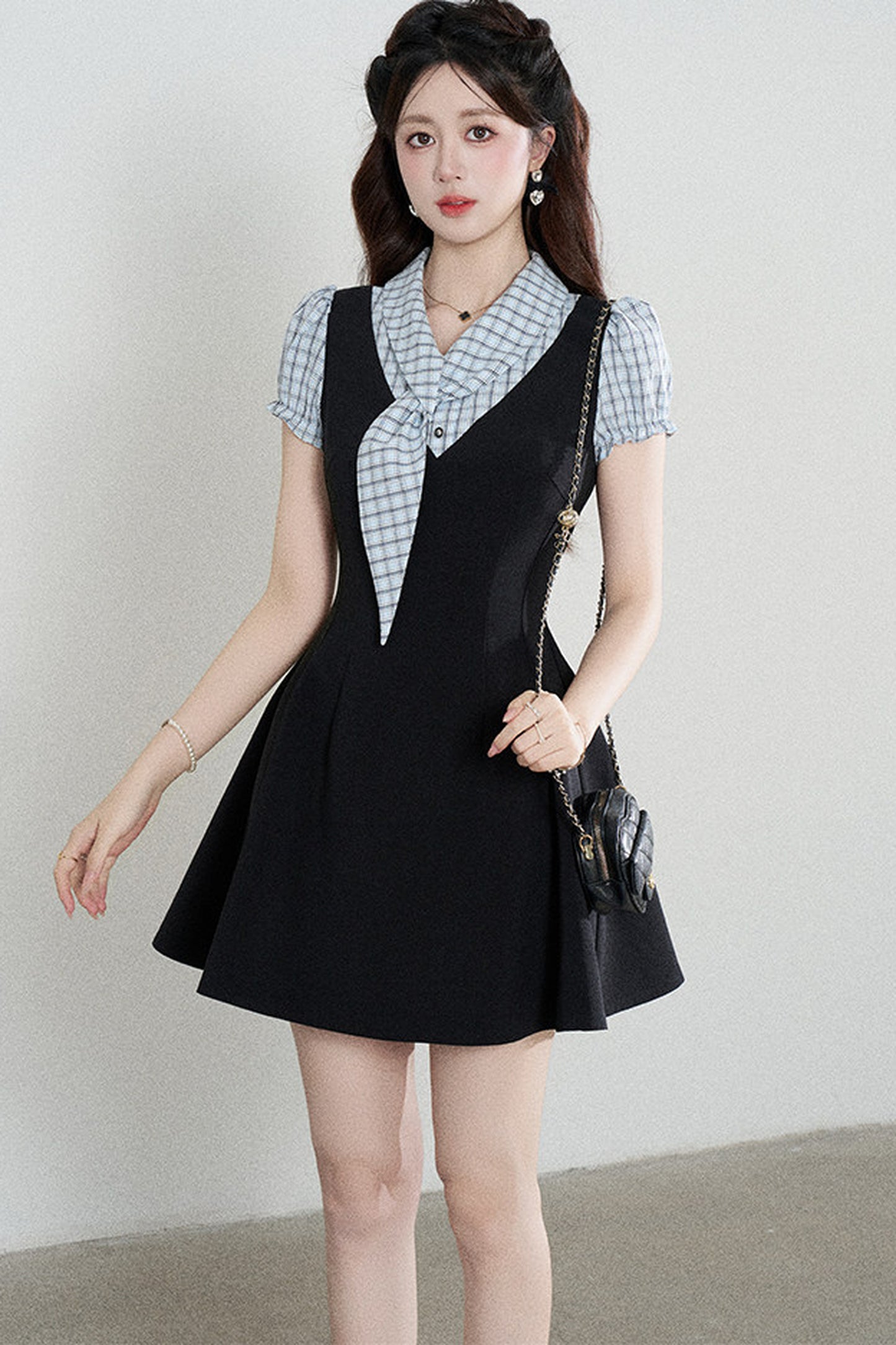 Black Short-Sleeved Patchwork Plaid A-Line Dress