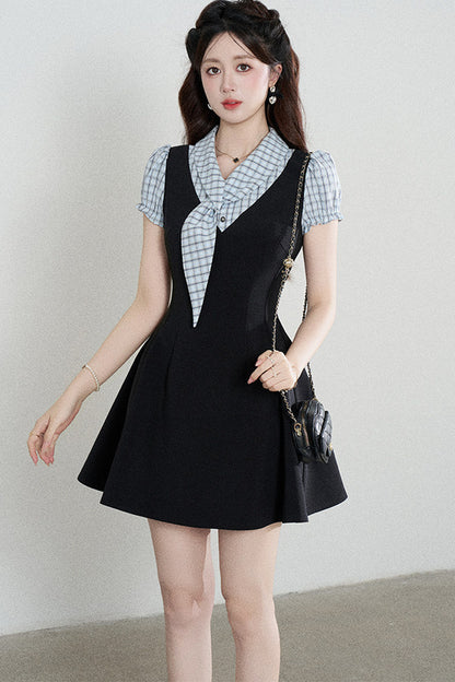 Black Short-Sleeved Patchwork Plaid A-Line Dress