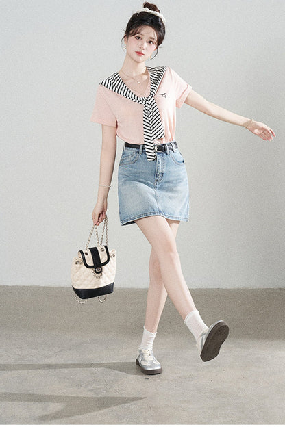 Loose Short-Sleeved Striped Shawl T-Shirt and Denim Skirt Set-Up