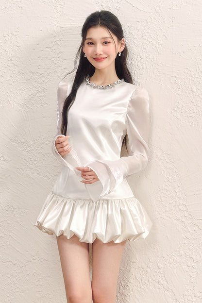 Pearl White Satin Long-Sleeved Flower Bud Dress