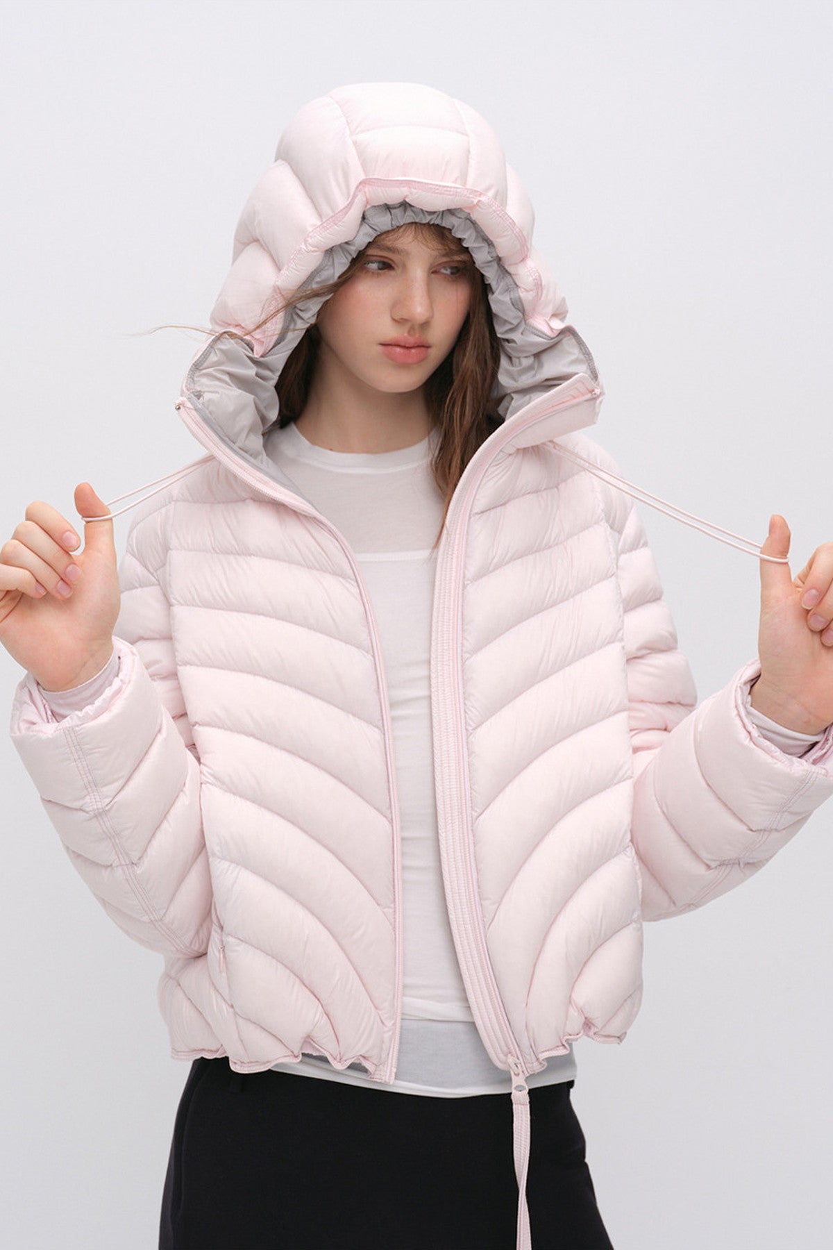 3D Quilted Drawstring Hooded Down Jacket