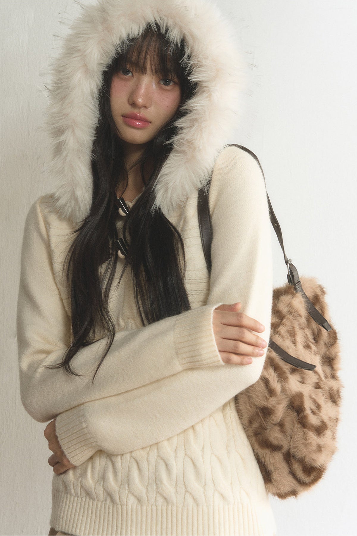 Large Fur Collar Toggle Hood Knit Top and Pants