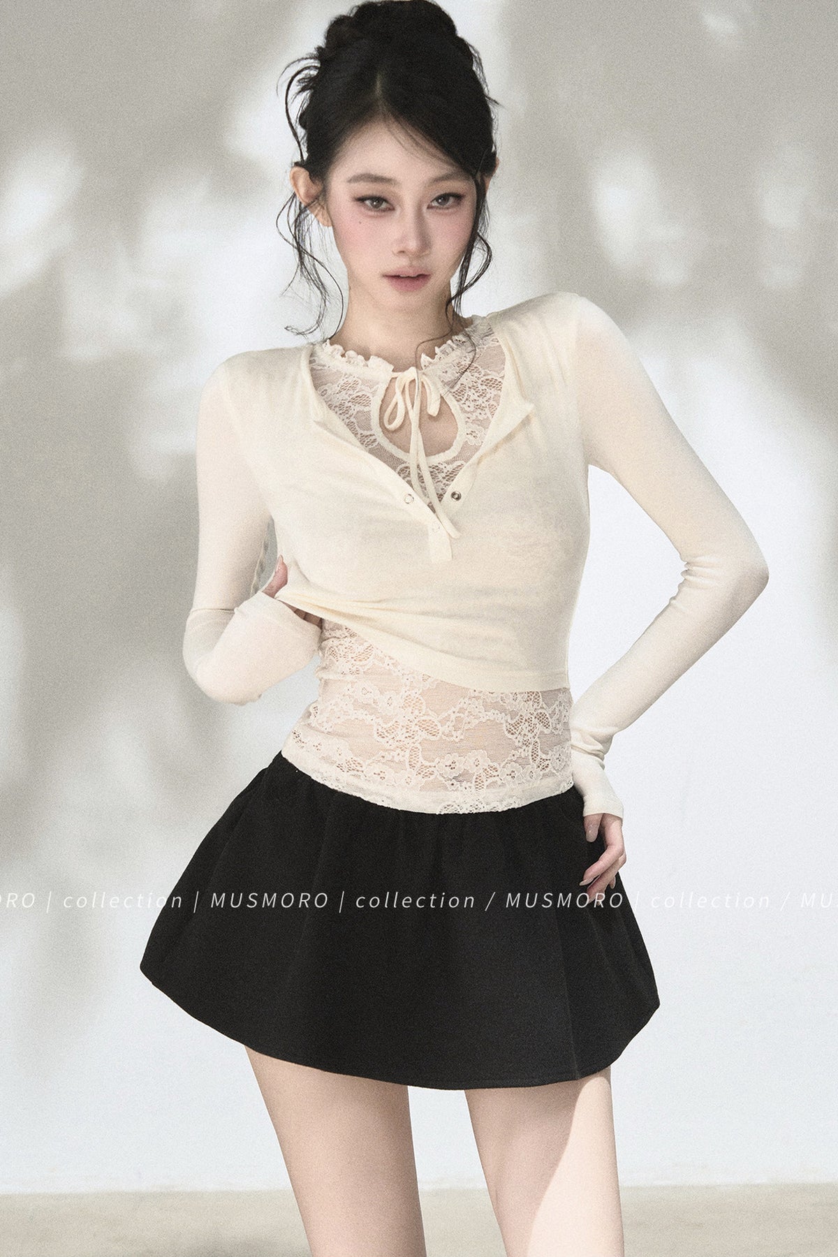 Layered-Look Lace Knit Top