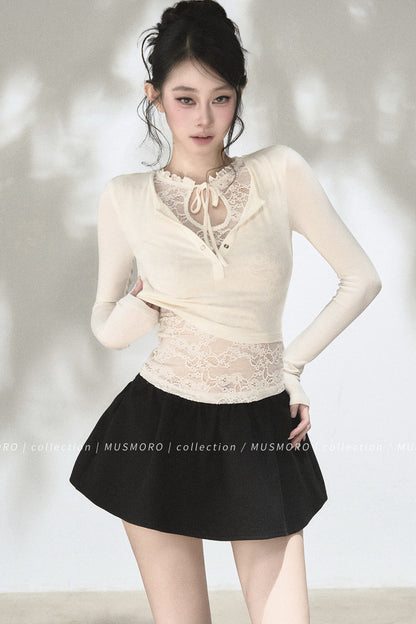 Layered-Look Lace Knit Top
