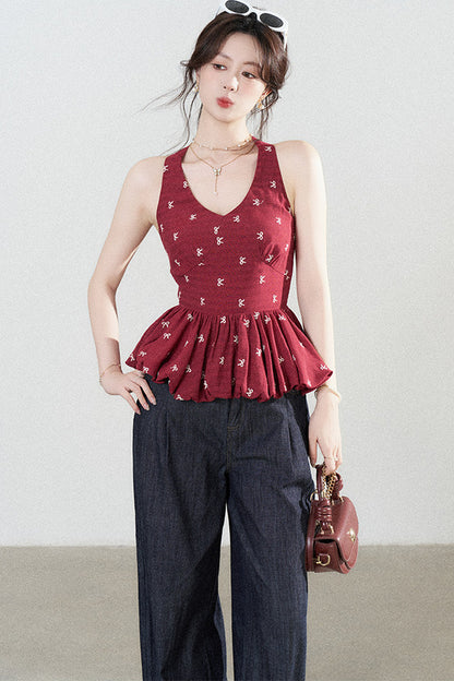 Red Halter Peplum Top