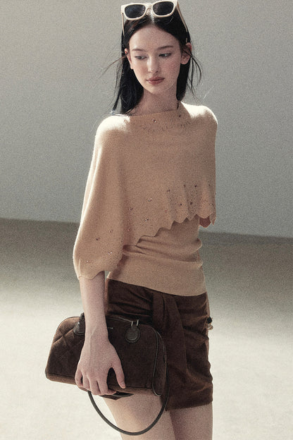 Rhinestone Hollow-Out Cape Sweater Set