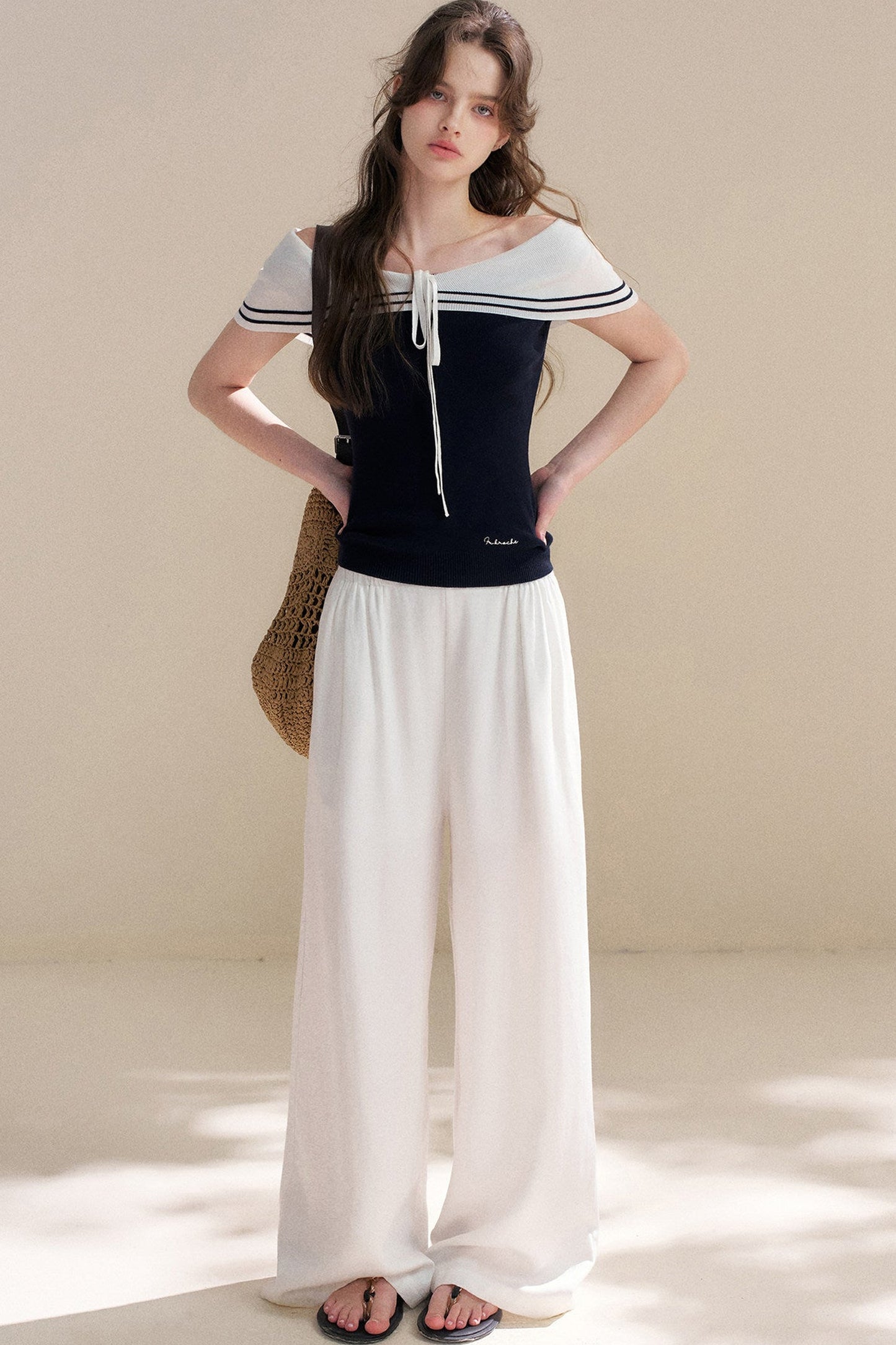 Navy Lyocell Off-Shoulder Knit Top