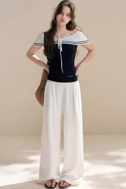Navy Lyocell Off-Shoulder Knit Top