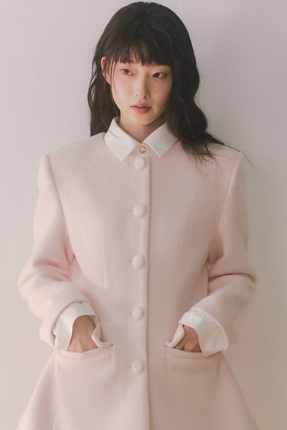 Pink Wool Shirt Collar Mid-Length Coat