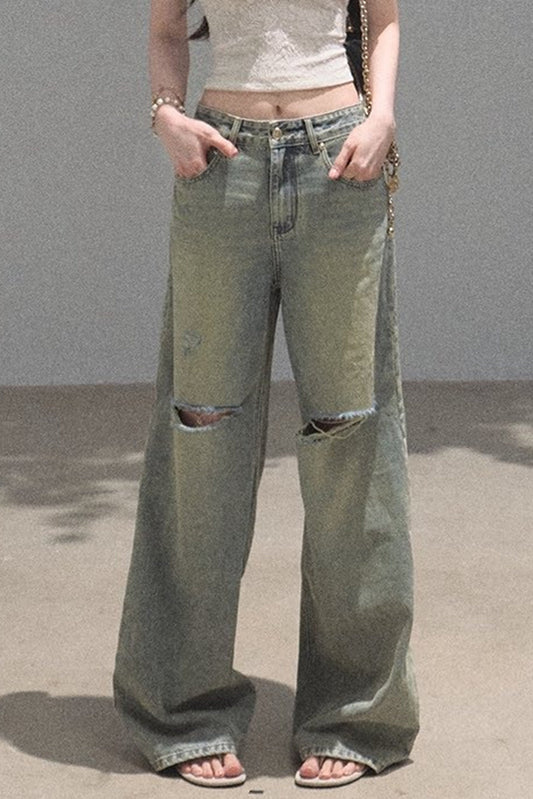Vintage Distressed Ripped Denim Long Pants